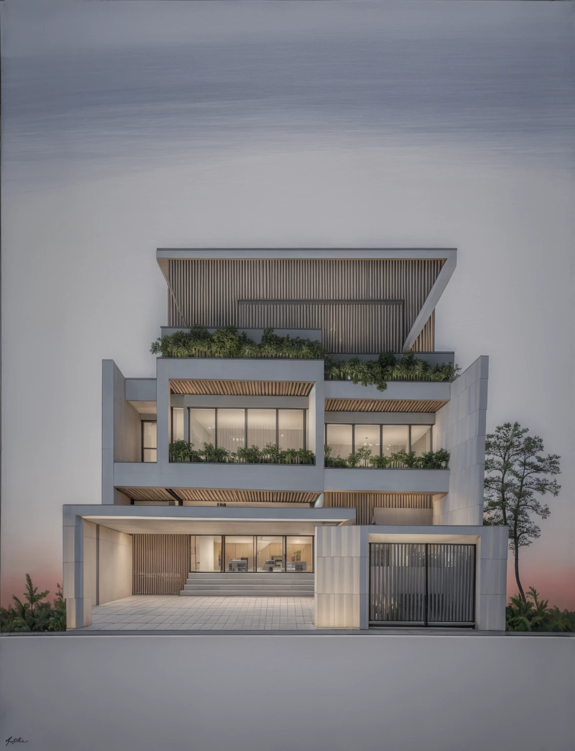 RAW photo, Exterior of two story white modern house, road, ((sidewalk)), ((sidewalk trees)), residences area, dawn time, overcast, fog, tropical trees and plants, (high detailed:1.2), 8k uhd, dslr, soft lighting, high quality, film grain, Fujifilm XT3, (sharpen:1.5)