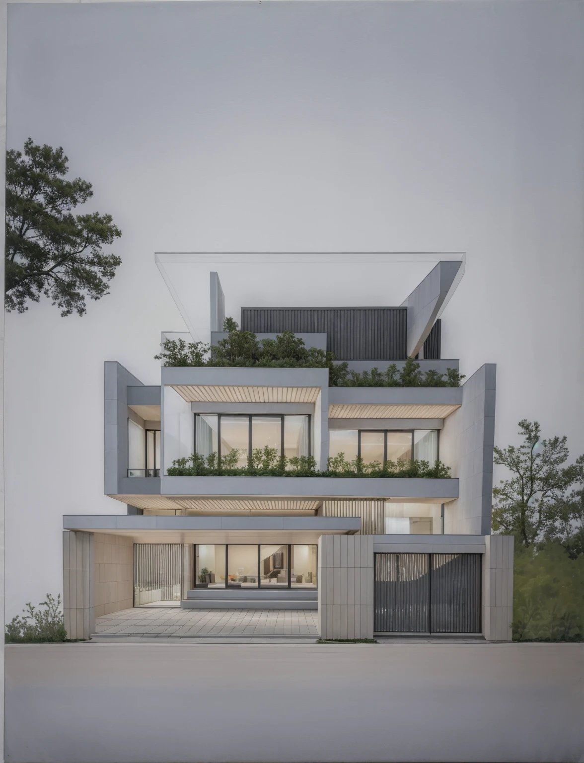 RAW photo, Exterior of two story white modern house, road, ((sidewalk)), ((sidewalk trees)), residences area, dawn time, overcast, fog, tropical trees and plants, (high detailed:1.2), 8k uhd, dslr, soft lighting, high quality, film grain, Fujifilm XT3, (sharpen:1.5)