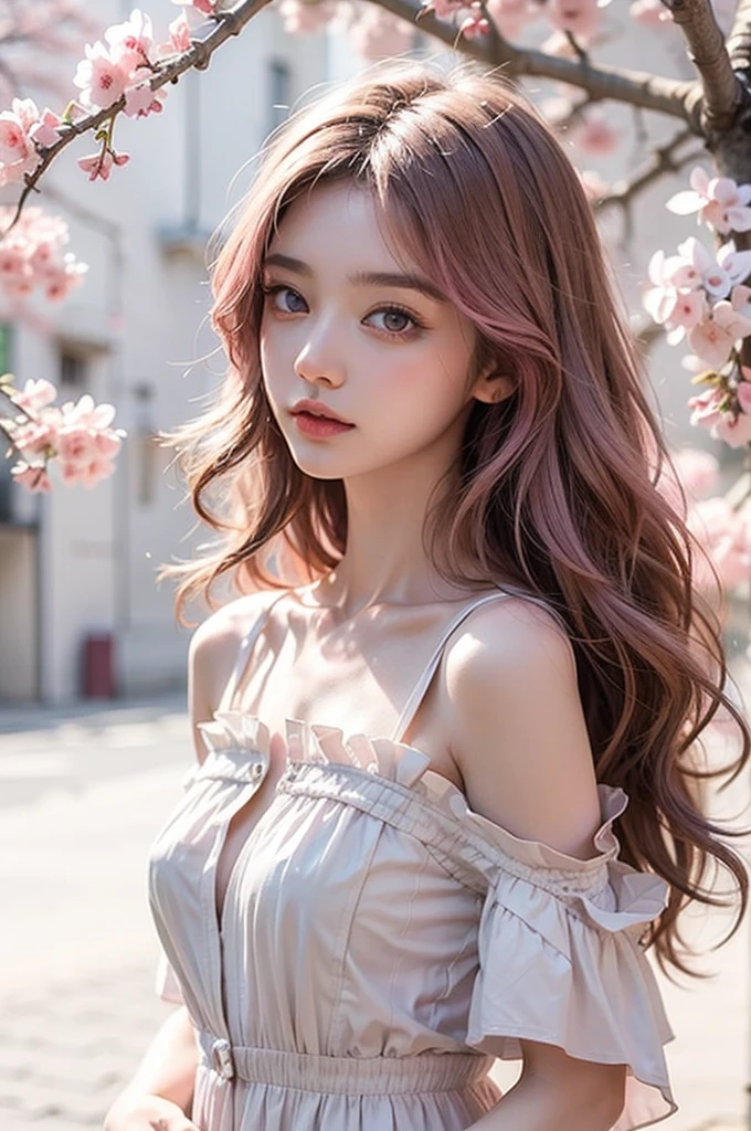 Light pink hair, pink eyes, pink and white, sakura leafs, vivid colors, white dress, paint splash, simple background, ray tracing, wavy hair