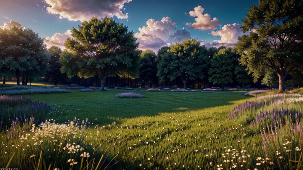 a serene and tranquil heavenly landscape, peaceful meadow with lush green grass, blooming colorful flowers, clear blue sky with fluffy white clouds, sunlight filtering through the clouds, angelic winged figures floating in the sky, magical glowing orbs and particles, highly detailed, cinematic lighting, muted warm color palette, (best quality,8k,highres,masterpiece:1.2),ultra-detailed,(realistic,photorealistic,photo-realistic:1.37),stunning 3D render,cinematic lighting,dramatic shadows,ethereal atmosphere