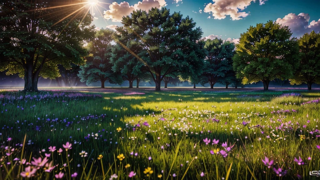 a serene and tranquil heavenly landscape, peaceful meadow with lush green grass, blooming colorful flowers, clear blue sky with fluffy white clouds, sunlight filtering through the clouds, angelic winged figures floating in the sky, magical glowing orbs and particles, highly detailed, cinematic lighting, muted warm color palette, (best quality,8k,highres,masterpiece:1.2),ultra-detailed,(realistic,photorealistic,photo-realistic:1.37),stunning 3D render,cinematic lighting,dramatic shadows,ethereal atmosphere