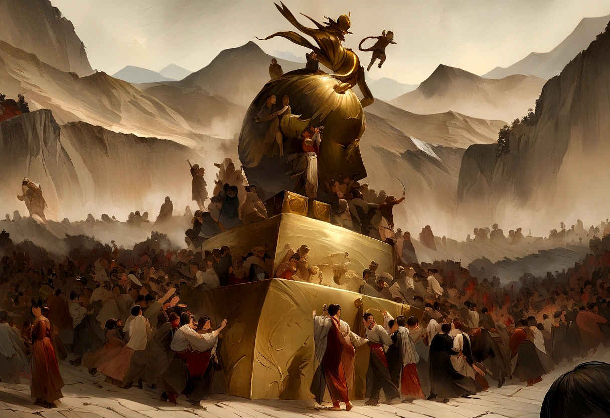 Thousands of students climbed the mountain., Trampling,scramble,It was crowded,Many people々,exaggeration,The mountain was full of students., One of the students stomped on the crowd while lifting the gold trophy., The scene is not big, Clear and unequivocal, 4K, Oil painting texture, No details needed, Artistic Sense, Painting Sense, Classical Oil Painting, With a touch of irony,
