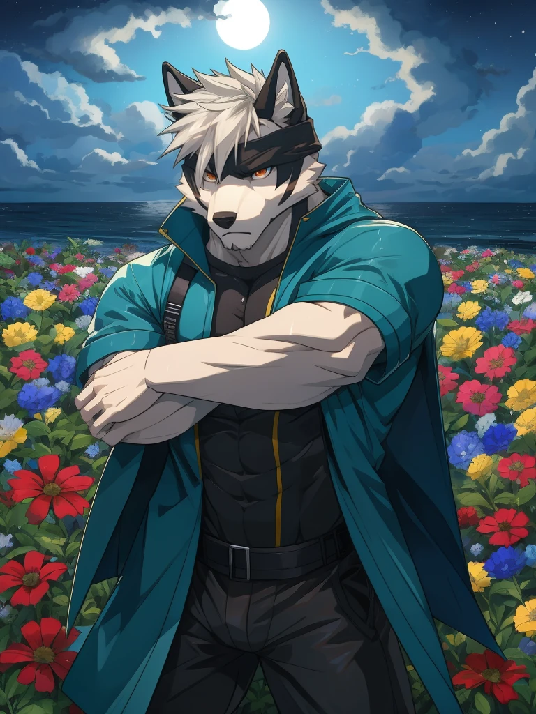 masterpiece,night,anthropomorphic dog,one person,(((s hair))),male,26 years old,thick eyebrows,Light-colored fur,Strong body,Large pecs,(((nude,White tracksuit,coat,Blue sports cap))),full-body shot,on city streets,(((holding a machine gun))),(((Ready to fight)))dark night,Light,sweating,(((white hair))),Serious,emotional focus,looking at the enemy,Serious,vigilante,defend,golden pupils,big eyes,Strong,Lying on the bed On the sea of flowers,full body image,The sky is clouded over,cloudy day,green plants,it'It's raining on the road,swamp area,broken twigs,forest,war(((background:broken city 1.5))),(((Detailed character description))), (((green bear))), (((green fur))), green hair, red eyes, beard, white eyebrows,