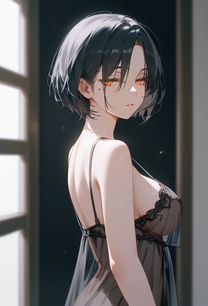 masterpiece, Score_9, Score_8_up, Score_7_up, rear view, 1 woman, alone, dark black hair, very short hair, long parted bangs, gold and orange eyes, half-closed eyes, parted lips, expressionless, pale skin, large breasts, top body, black Nightgown with transparent V-neck, long open bangs, with a mole under the mouth, cut style (boy), No bangs.