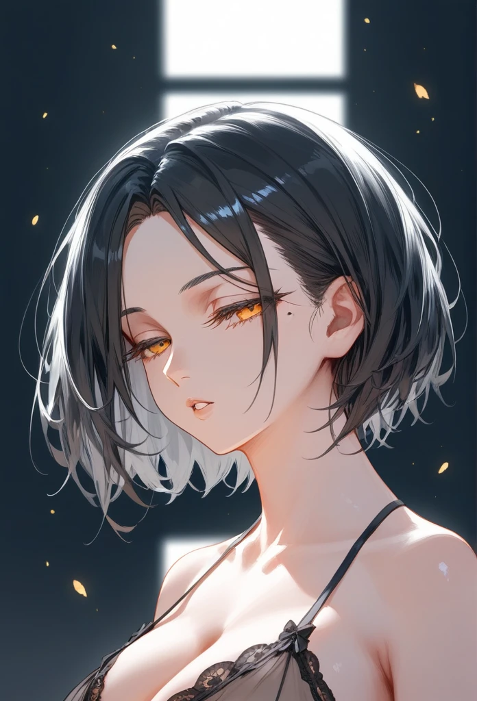 masterpiece, Score_9, Score_8_up, Score_7_up, rear view, 1 woman, alone, dark black hair, very short hair, long parted bangs, gold and orange eyes, half-closed eyes, parted lips, expressionless, pale skin, large breasts, top body, black Nightgown with transparent V-neck, long open bangs, with a mole under the mouth, cut style (boy), No bangs.
