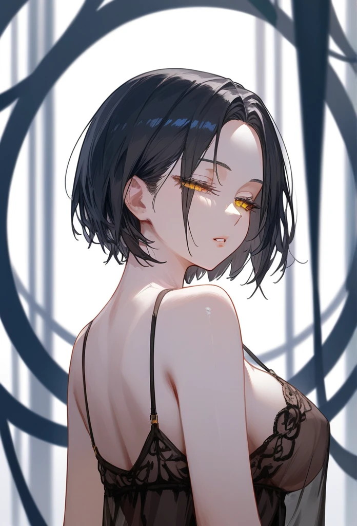 masterpiece, Score_9, Score_8_up, Score_7_up, rear view, 1 woman, alone, dark black hair, very short hair, long parted bangs, gold and orange eyes, half-closed eyes, parted lips, expressionless, pale skin, large breasts, top body, black Nightgown with transparent V-neck, long open bangs, with a mole under the mouth, cut style (boy), No bangs.