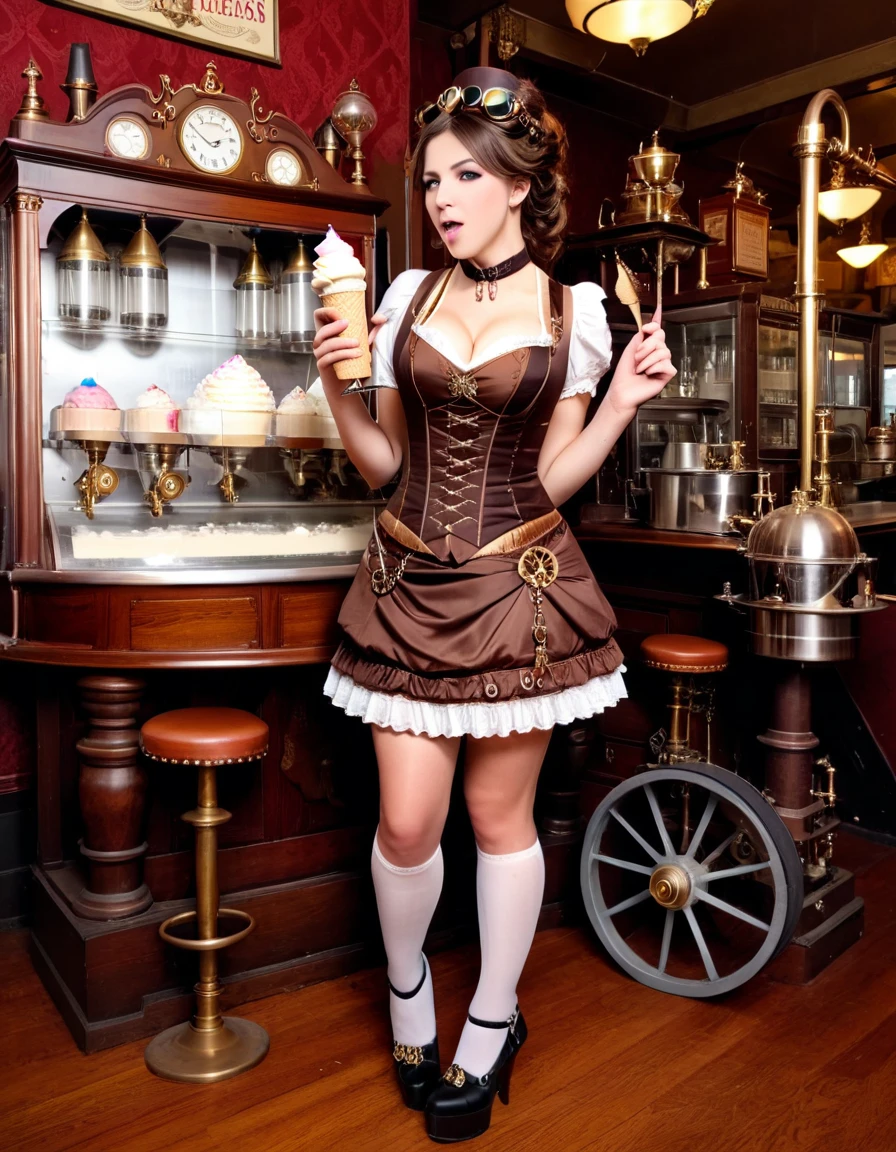 A steampunk girl with gear-adorned dress and mechanical ice cream makers, in a Victorian dessert parlor.