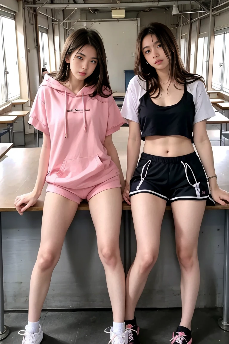 deux femmes ensemble de 18 ans sexy et mince , gray short sleeve hoodie , salle de classe, se touche,position sey,sensuel