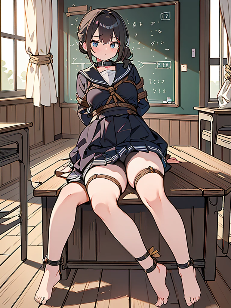 4k HD,perfect,Exquisite,girl,Black ponytail,Small Breasts,full body portrait,((Rope restraints, arms behind the back, hands behind the back, rope restraints, hand restraints, rope restraints, feet rope restraints, groin, slim figurecollar,in the classroom sit on the floor)),((school uniform)),Shy