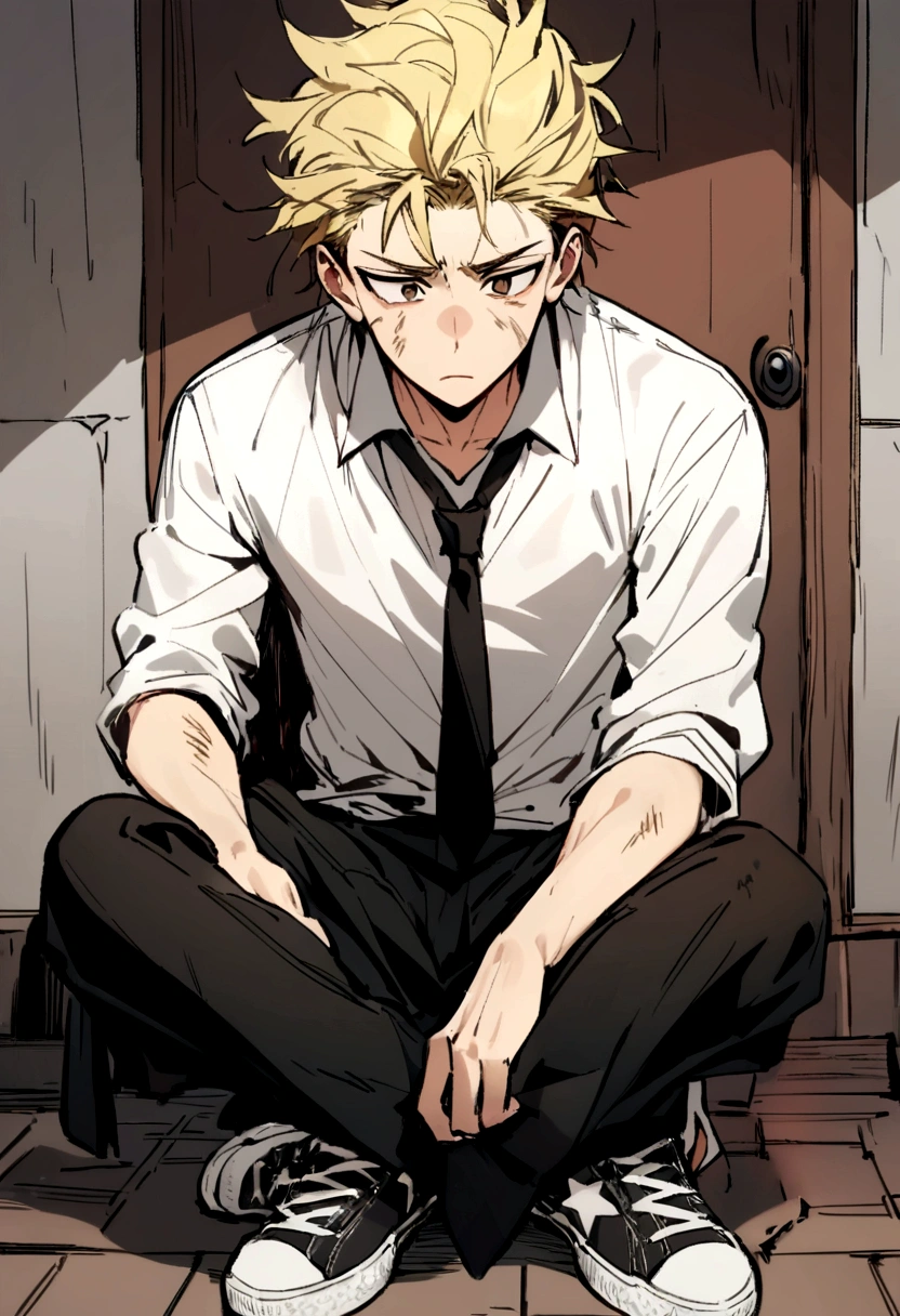 Young man with an angular face and striking features. His blonde hair is disheveled and often falls over his forehead in a messy manner., reflecting a sloppy style. Their brown eyes often convey a mixture of determination and tiredness., with an expression that varies between firm resolve and vulnerable innocence. He has a slim physique, but athletic, indicating a life of physical challenges and battles. His clothes consist of a rumpled white shirt, a loosely tied black tie and dark pants, all often torn and dirty, suggesting an arduous and exhausting life, he wears white All-star sneakers with red stripes.