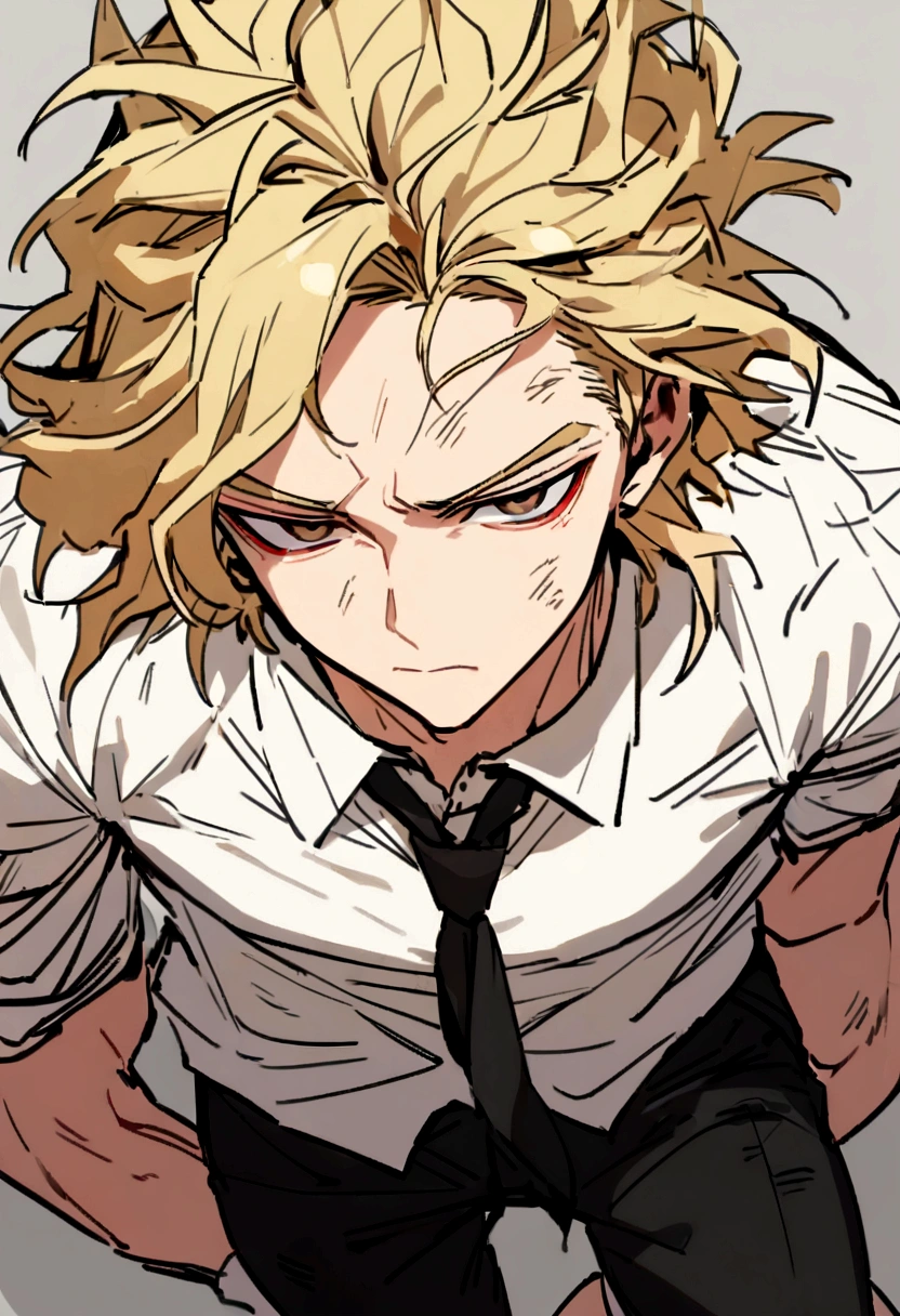 Young man with an angular face and striking features. His blonde hair is disheveled and often falls over his forehead in a messy manner., reflecting a sloppy style. Their brown eyes often convey a mixture of determination and tiredness., with an expression that varies between firm resolve and vulnerable innocence. He has a slim physique, but athletic, indicating a life of physical challenges and battles. His clothes consist of a rumpled white shirt, a loosely tied black tie and dark pants, all often torn and dirty, suggesting an arduous and exhausting life, he wears white All-star sneakers with red stripes.