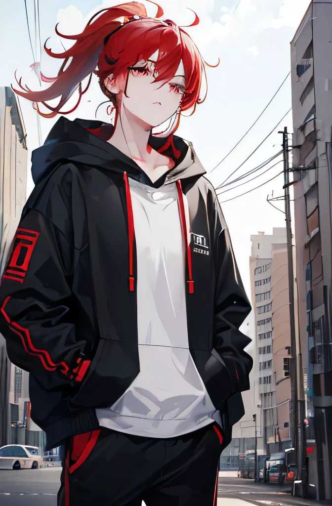 ((Highest quality, masterpiece, 4K, In detail, Fine grain, Detailed face, Gelbourg, Pixiv)), Cold lighting, ((alone)), 1 male, Boy with glasses, good looking, Masculine, Adult male, Broad shoulders, Face close-up, Portraiture,View your viewers, ((amblyopia, Half-lidded, Dark circles under the eyes, White eyes with red pupils)), Wear modern clothes, Black hoodie with logo, Sweat pants, Are standing, Put your hands in your pockets, ((Red hair, Medium length hair, messy hairstyle, Messy Hair)), Abandoned city background