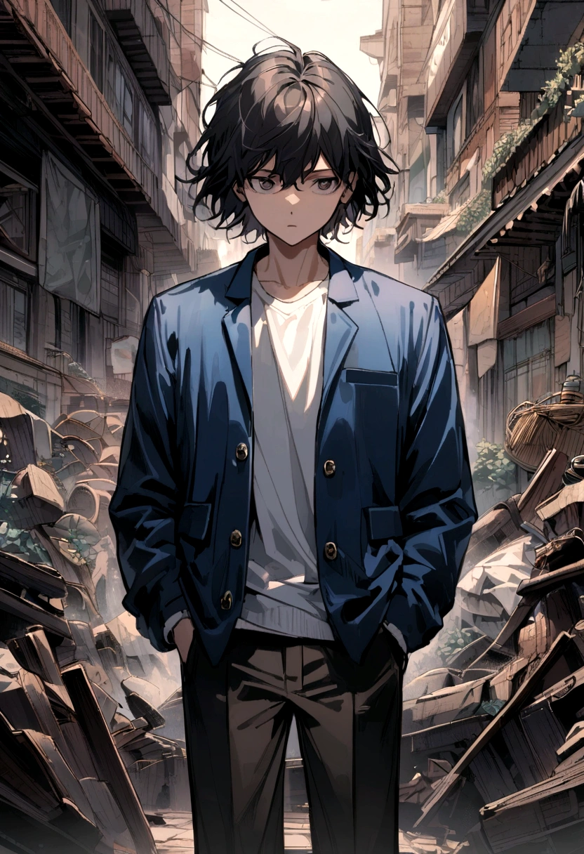 age boy, tidy hair, short length hair, Bblack hair, face neutral, eyes black, white school shirt, blue school jacket, dark brown pants, black dress shoes, hands in pockets, lot of details