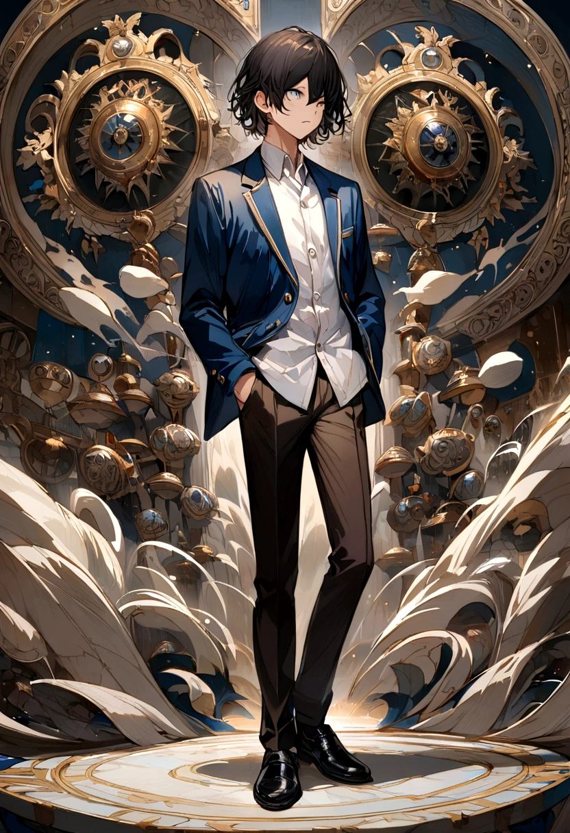 boy, tidy hair, short length hair, Bblack hair, face neutral, eyes black, white school shirt, blue school jacket, dark brown pants, black dress shoes, hands in pockets, lot of details