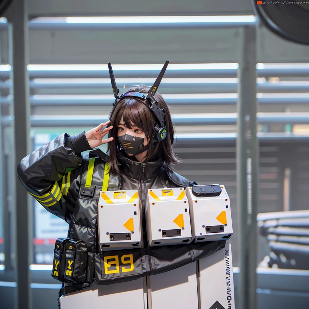a close up of a mshn robot , futobot, cyborg girl sitting, wearing cyberhelmet , a military techwear jacket, tactical vest, mshn factory, tubes connected to the back
photorealistic, masterpiece, best quality, 35mm film, film grains, cyberpunk,