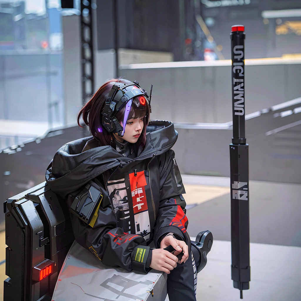 a close up of a mshn robot , futobot, cyborg girl sitting, wearing cyberhelmet , a military techwear jacket, tactical vest, mshn factory, tubes connected to the back
photorealistic, masterpiece, best quality, 35mm film, film grains, cyberpunk,