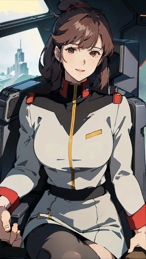 masterpiece, best quality, High resolution, Calm 1, 1 girl, alone, (Black_Stockings:1.1), army uniform, army, cosmetics, White shirt,  White Skirt, tight skirt, sitting, Upper Body, cockpit, space, Smile，Large Breasts，Sexy，Smile，red glasses，brown hair