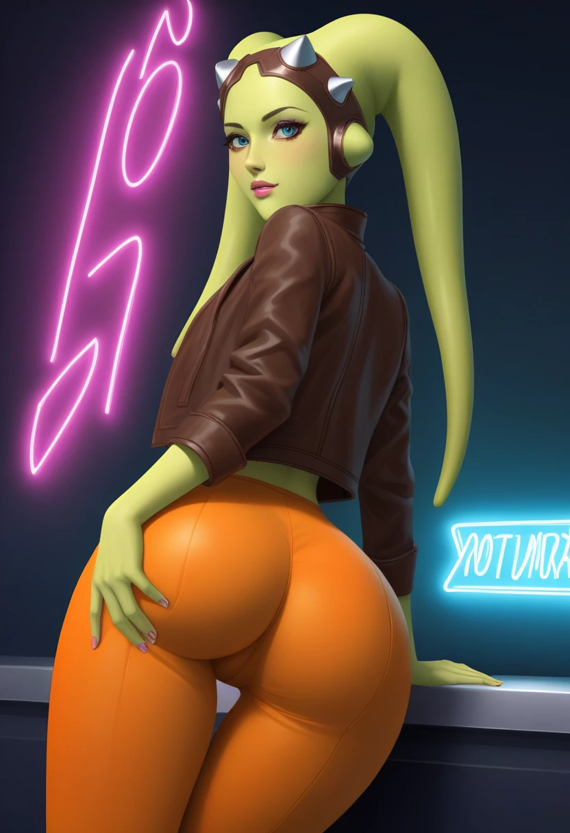 score_9_up, score_8_up, score_7_up, 1girl, solo, mature female, ((Hera)),(( twi’lek race))((green skin color)), long horns, blue eyes, pink lips, parted lips, fit slim body, ((perfect medium erected breast)), (((brown jacket, white tight top, orange pants))), (((Cyberpunk interior, living room, with neon lights))), perfect model body, wide hips, pumped up ass, sitting on the chair and showing her ass, hands on her ass, from behind