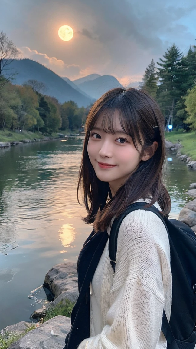 Medium Hair, Japanese, cute, Highest quality,masterpiece:1.3, High resolution, The skin looks healthy、The color is also uniform.., flashlight, Written boundary depth, chromatic aberration, Wide range of lighting, natureな陰Shadow, Hilarious, sweater, Displaying the viewer:1.2, Super detailed,Caustics, night, Realistic:1.4,RAW撮Shadow, performer, moon, have, Shadow, Backpack, 1 Girl, cigarette, smile, Random Pause, High resolution 16k 人間の皮膚のクローズアップ, Skin Textureはnatureです, Outdoor, Upper body selfie, Contrast, Mountain boots, Black-haired, gloves, rock, Analog Style, wood, river, 23 years old, forest, Very detailed, Warm colors, Warm tones, nature, nature光と色を使う, Film Grain:1.3, Ultra-Realistic Capture, Skin Texture, Happy, Mountain々, sunny
