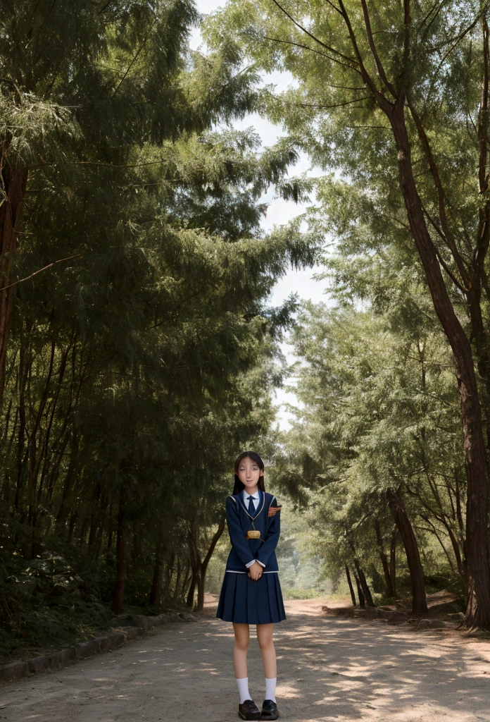 Masterpiece, best quality,An 18 year old Chinese girl wears school uniform, graduation trip,photography action, in the wilderness, summer