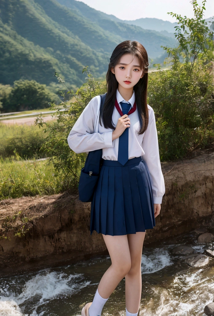 Masterpiece, best quality,An 18 year old Chinese girl wears school uniform, graduation trip,photography action, in the wilderness, summer