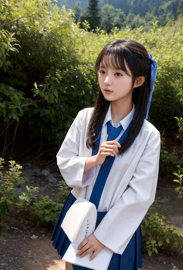 Masterpiece, best quality,An 18 year old Chinese girl wears school uniform, graduation trip,photography action, in the wilderness, summer