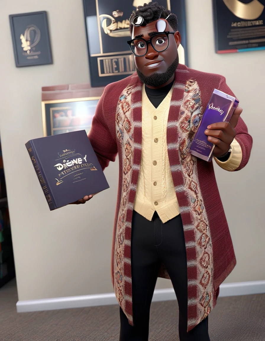a black man, slim face, glasses, slim body, disney, pixar, (Pixar style), Disney style, (masterpiece:1.2), (best quality) (detailed skin) (detailed texture) (8k) (cinematic lighting) (sharp focus)