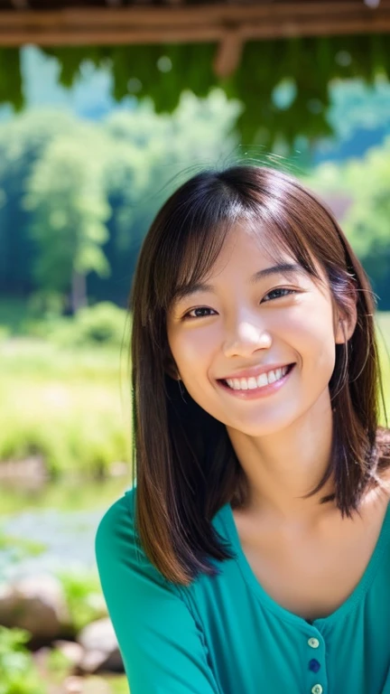 Beautiful Asian woman smiling calmly in nature: Mountains and rivers、Please draw a woman smiling with a relaxed expression in a natural setting such as a forest.。
