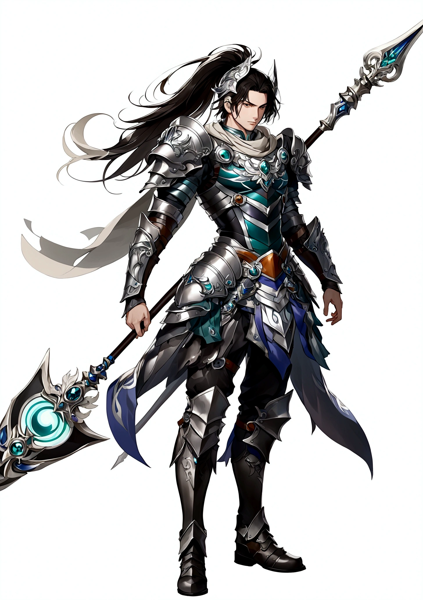 solo, long hair, simple background, black hair, 1boy, white background, holding, standing, full body, ponytail, weapon, male focus, boots, helmet,scarf, holding weapon, armor, polearm, staff, shoulder armor, pauldrons