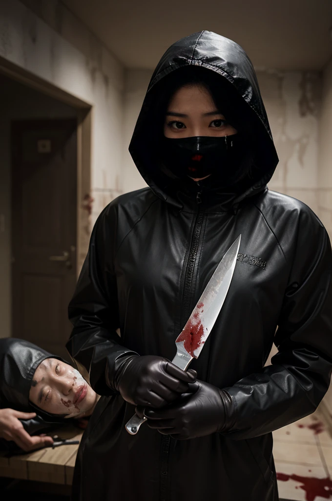 korean girl, (behind corpse, surgical mask), multiple girls, holding knife, stabbing, black raincoat, leather gloves, hood up, room full of blood, black wet suit, holding knife, leather gloves, behind corpse, blood splatter, short hair, night, mass murderer, robbery, in the house, dark atmosphere, cinematic lighting, atmospheric realistic,
