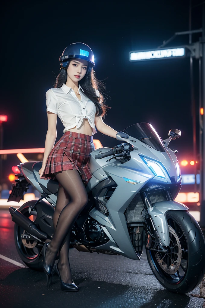 (((best quality))),(((ultra detailed))),(((masterpiece))),illustration,((1 beautiful girl,solo)),((slim,thin,small breasts,flat chest)),shoulder length straight hair,almond-shaped eyes, intense gaze, fair skin, subtle blush, full pink lips, confident smile,(white collared short sleeved shirt:1.3),Windsor knot on neck,((red plaid pleated skirt,slender legs,pantyhose)),deep blue hue, silver accents, form-fitting, low neckline, smooth skin,booties, urban scene, cyberpunk city, neon lights, tall buildings, LED signs, misty glow, dreamy ambiance, night sky, twinkling stars, electric atmosphere,(riding on a motorcycle:1.3), (safety helmet:1.3), vibrant atmosphere