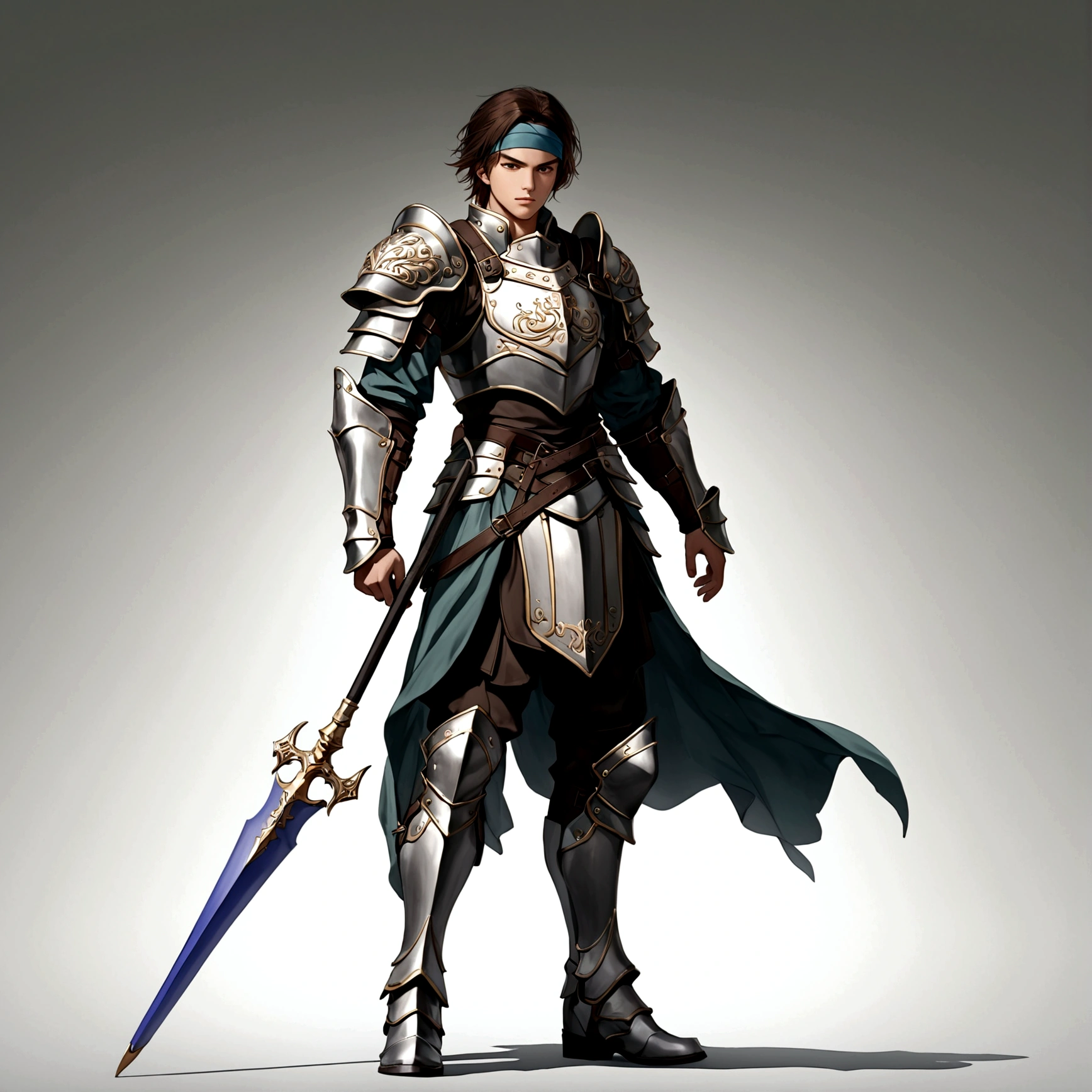 solo, brown hair, 1boy, holding, standing, full body, weapon, male focus, boots, grey background, holding weapon, armor, headband, polearm, shoulder armor, pauldrons, spear, greaves