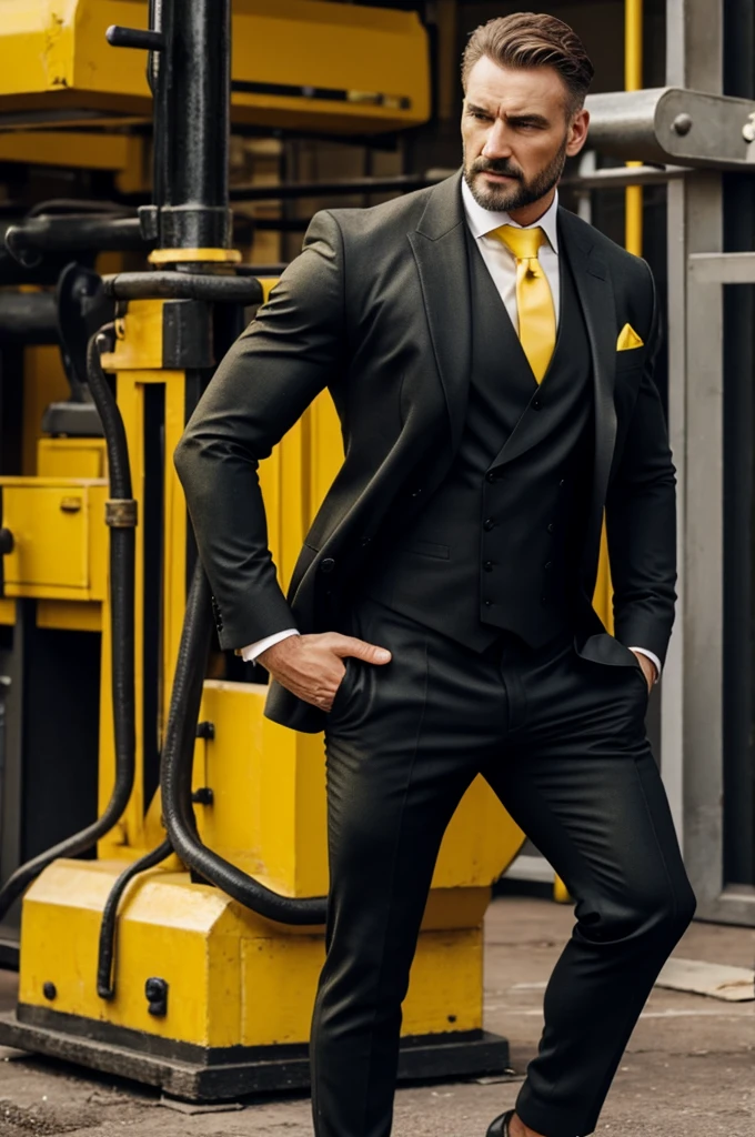 an elegant man, with strong masculine energy, ironmonger, yellow and black 