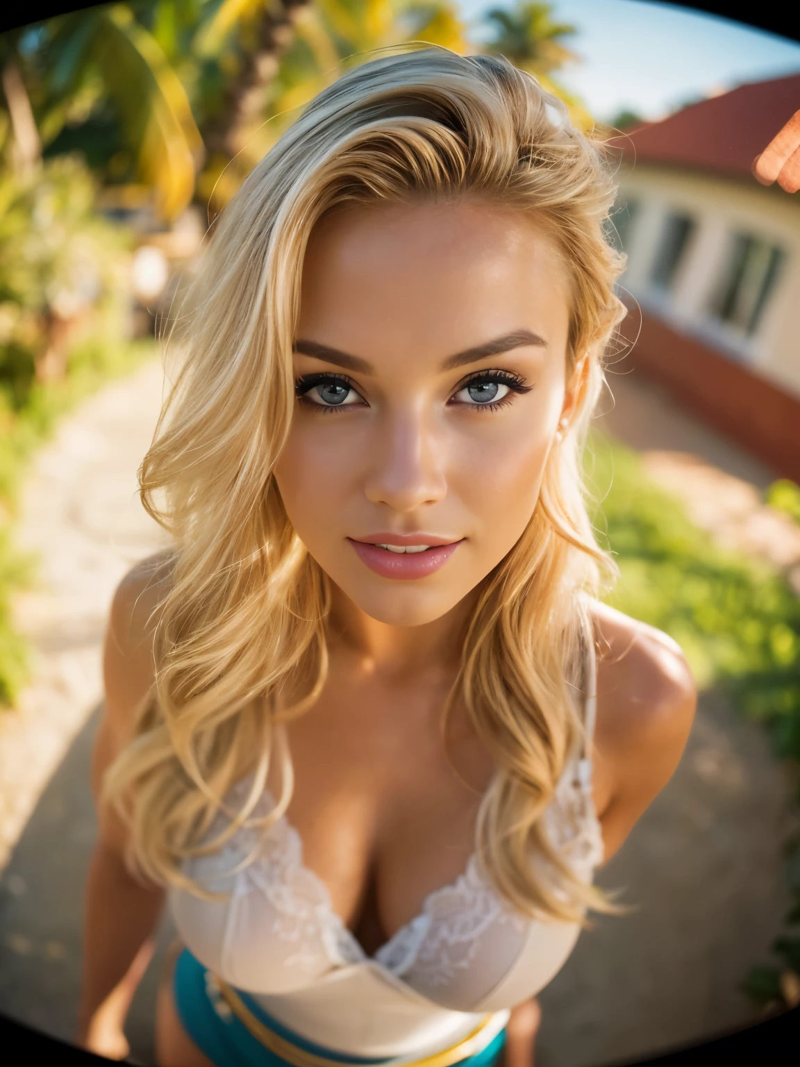 ((Fisheye 5mm lens, From above)). portrait of a gorgeous European blonde woman, age 23, wavy hair. 
she’s a playboy magazine model. She has a subtle smile and flirts with the camera. 
(She is dressed like a 40’s pinup model.She's standing in a tropical garden

perfect eyes, perfect hands, perfect body, perfect hair, perfect breast, hair behind ear, blurry foreground, UHD, retina, masterpiece, accurate, anatomically correct, textured skin, super detail, high details, high quality, award winning, best quality, highres, 16k, 8k, backlight, Kodachrome. Golden hour. Bokeh 