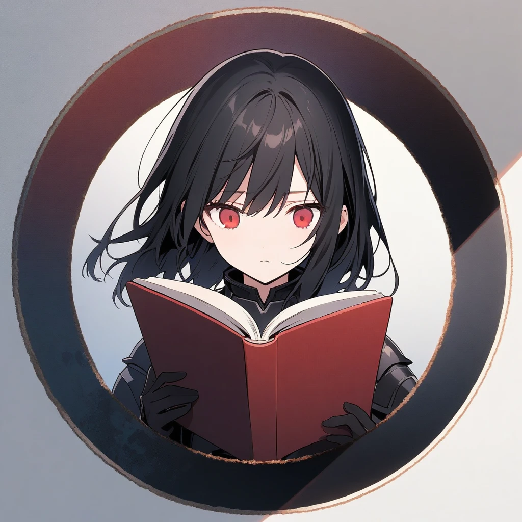 (circle frame1.7),1girl, solo, emotionless, red eyes, black hair, dark armor, very aesthetic, illustration,reading dead book, circle frame,
