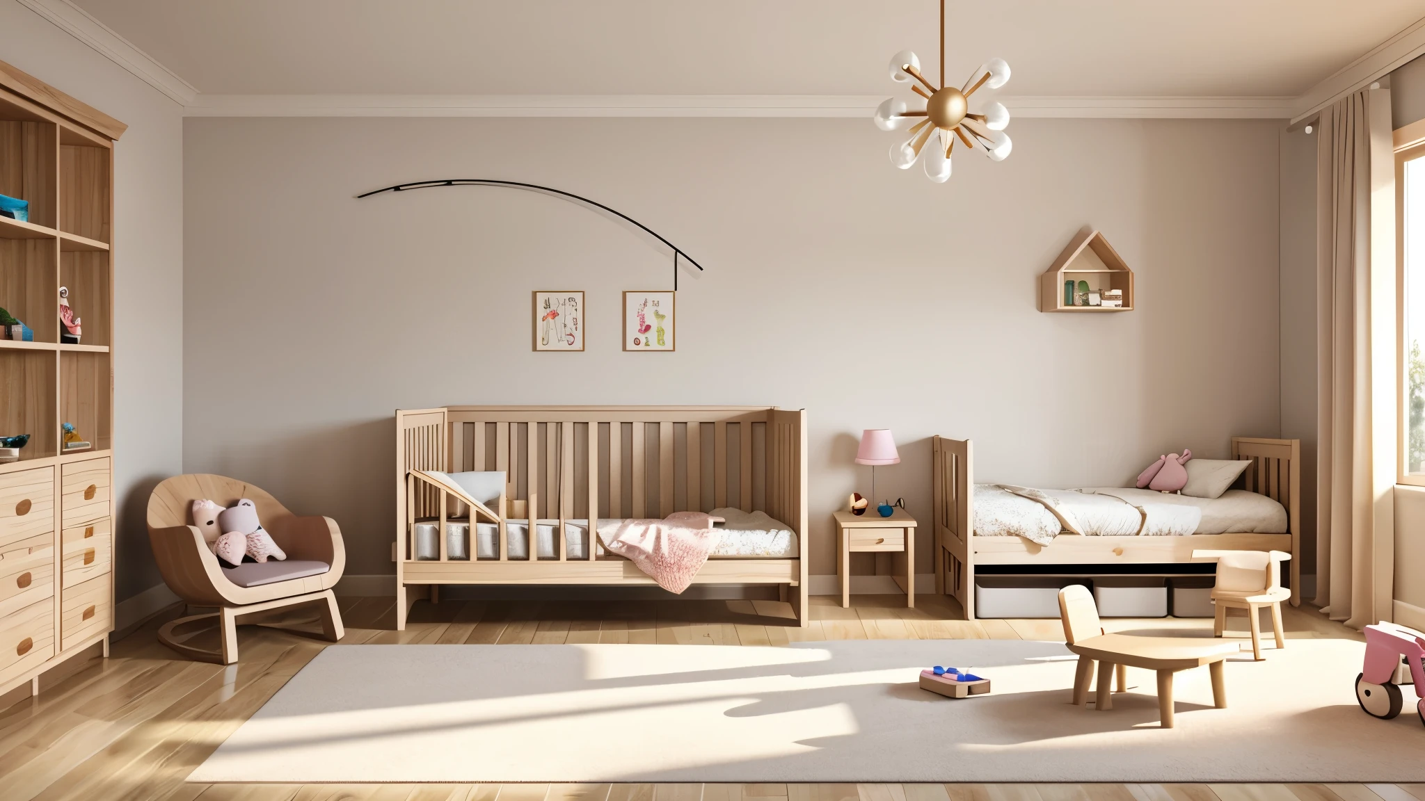 Mock up frame in children room with natural wooden furniture, 3D render