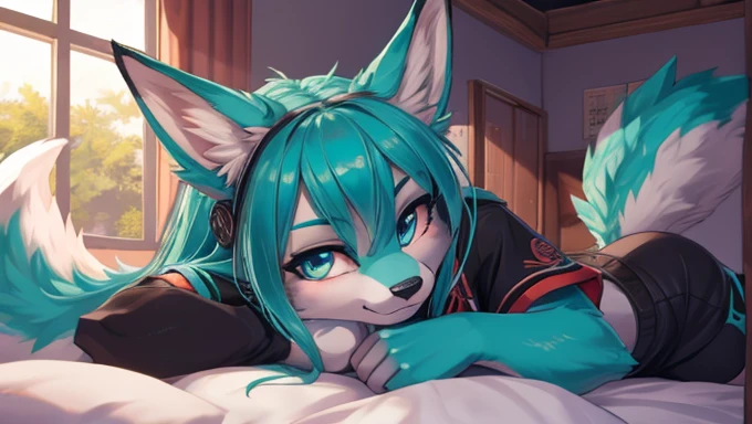 Miku Hatsune, add high definition_detail:1, blue fur,kitsune ears, tribal tattoo add_detail:1 cute high school clothes, pretty girl add_detail:3 18 year old girl, short black lycra, black metal t shirt, flirty look add_detail:3,  lying on a bed right mediolateral position, leans on his arm add_detail:1