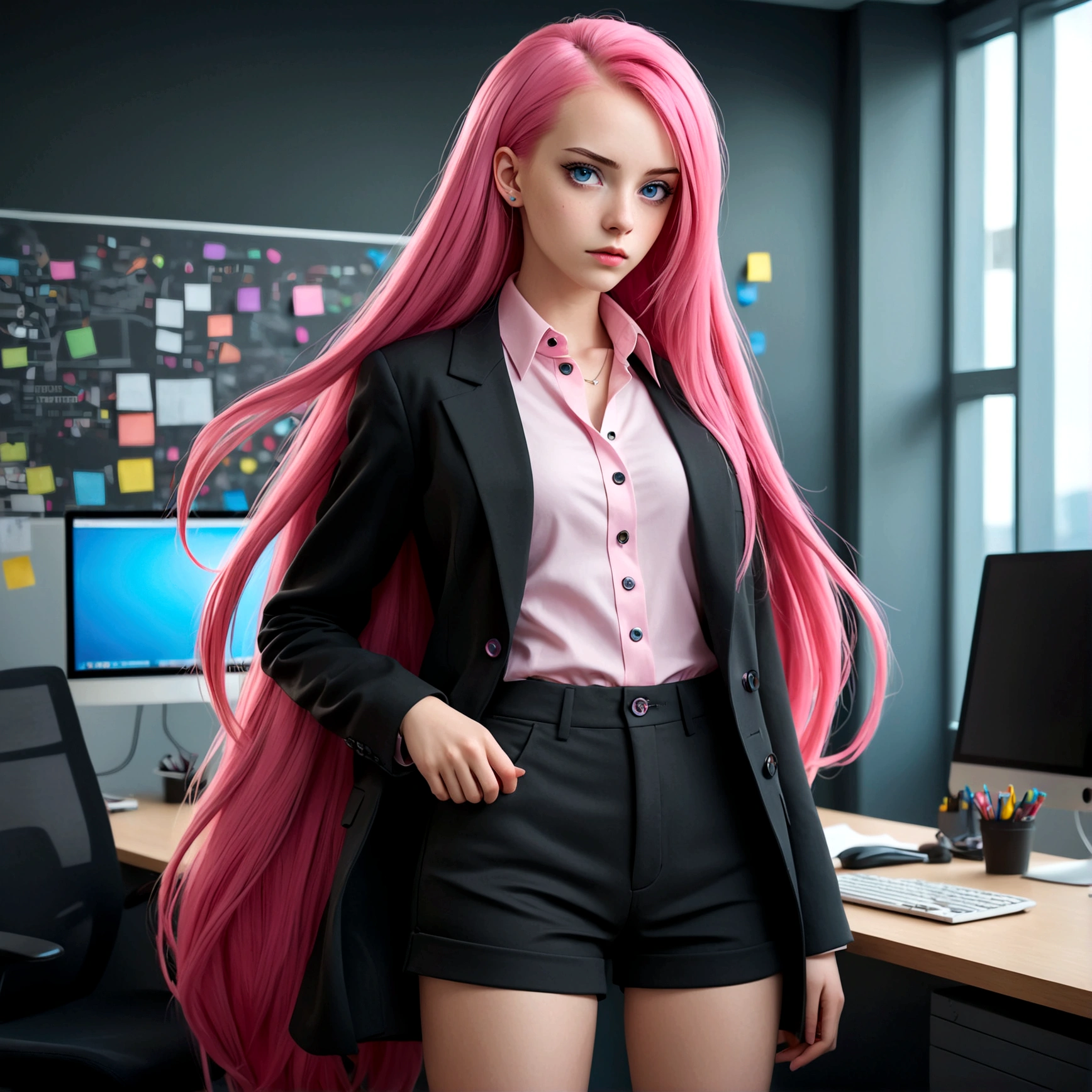 Cyberpunk, Girl, 1girl, Beautiful lady in office black shirt with buttons and shorts, office like longer pink coat, long pink hair, Multi-colored hair, multi-colored eyes, heterochromia, tall, thin, beautiful lady, perfect body, slim, blueeyes, office suit, elongated, Prominent Jaw, Thin girl, skinny girl, perfect skinny girl, , 16 y