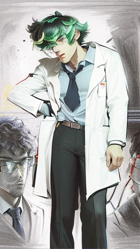 a drawing of a man in a lab coat and tie, with a lab coat, foxish guy in a lab coat, wearing a labcoat, stern looking fox in a lab coat, skinny male fantasy scientist, portrait of professor sinister, wearing a lab coat, inspired by Doc Hammer, elite scientist, murdoc niccals, wearing lab coat, labcoat