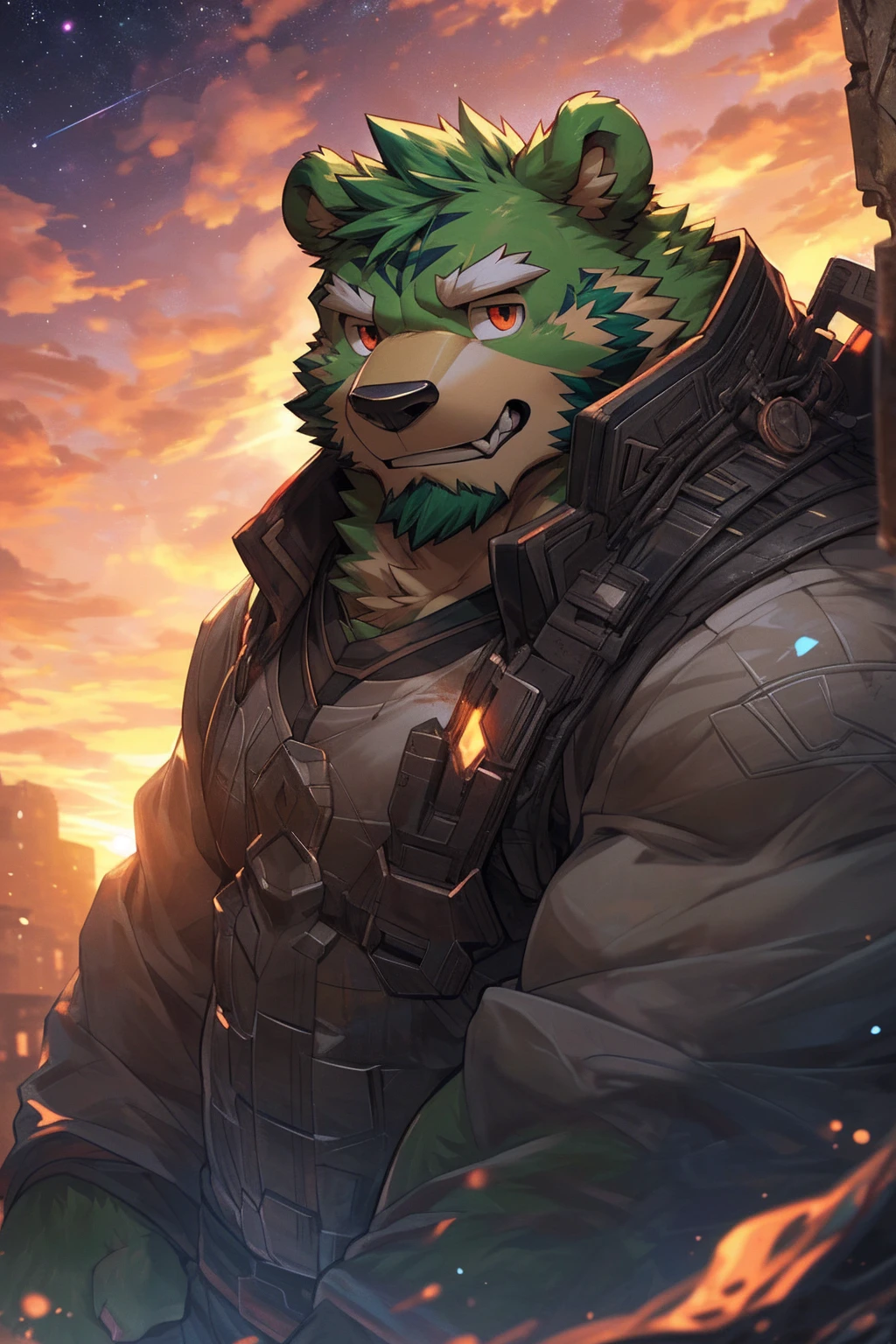 human nature, cannon, male, Solitary, ((Round Face, The face is plump,Orange Eyes,A small amount of black beard)), ((Endomorph, Handsome，Handsome)), (White fig leaf，Future Warframe), ((domestic 虎，tiger), (In Abandoned City), bokeh, (high quality, high resolution, Masterpiece 1.2), (Office lighting, Natural fill light，Rich colors), (watchful，脸Injuried，Bloody wound，Injuried，Grit your teeth，), (Face focus), Full body picture (close up), cartoon, author：Takemoto Arashi, by zixiong, By Chunni, author：Empty Ghost，（background：The ruined city with sunset sky 1.5），，Glow，evening，Abandoned City，Starry Sky，Auspicious Clouds，Background rich and detailed,  (((green bear))), (((green fur))), green hair, red eyes, beard, white eyebrows, 