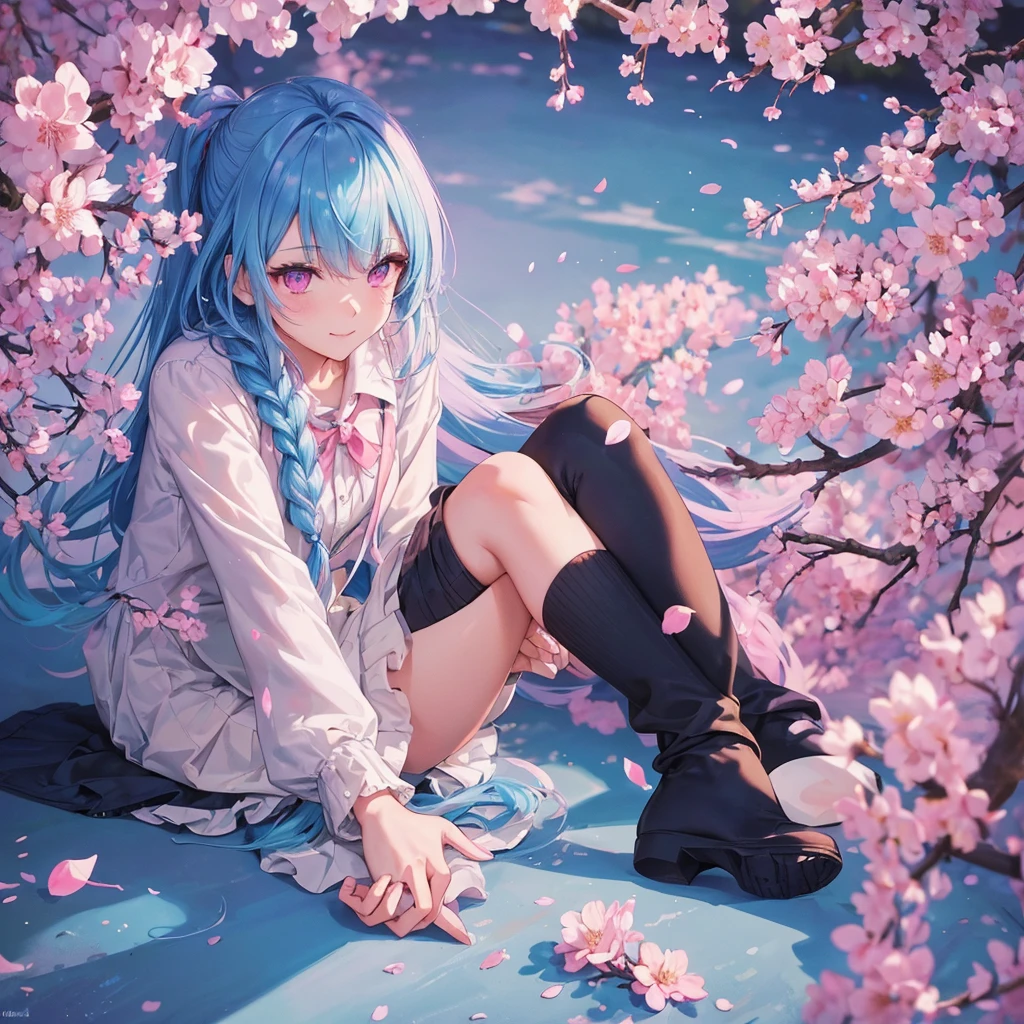 Sky blue hair, Braided Ponytail,(Pink Eyes),Fair skin ,whole body,(1 Girl),Smile,spring, cherry blossoms, Knee-high socks for school, blazer, Straight bangs,(masterpiece, Highest quality, Super detailed, Best Shadow), (Detailed Background), (Beautifully detailed face), High Contrast, (Best lighting, Very delicate and beautiful), ((Cinematic Light)), colorful, Hyper Detail, Dramatic Light, Intricate details,sunshine,Leaning forward,high quality,
