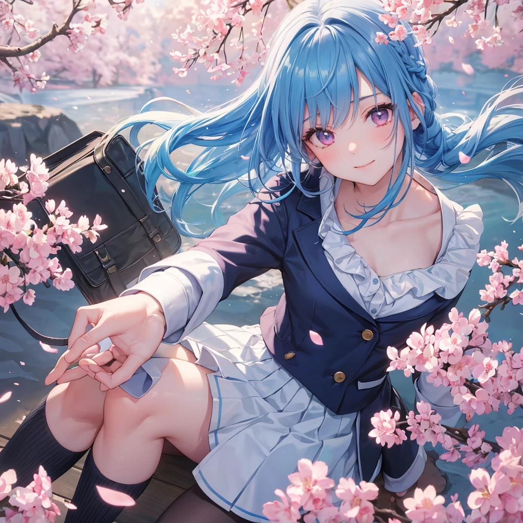 Sky blue hair, Braided Ponytail,(Pink Eyes),Fair skin ,whole body,(1 Girl),Smile,spring, cherry blossoms, Knee-high socks for school, blazer, Straight bangs,(masterpiece, Highest quality, Super detailed, Best Shadow), (Detailed Background), (Beautifully detailed face), High Contrast, (Best lighting, Very delicate and beautiful), ((Cinematic Light)), colorful, Hyper Detail, Dramatic Light, Intricate details,sunshine,Leaning forward,high quality,