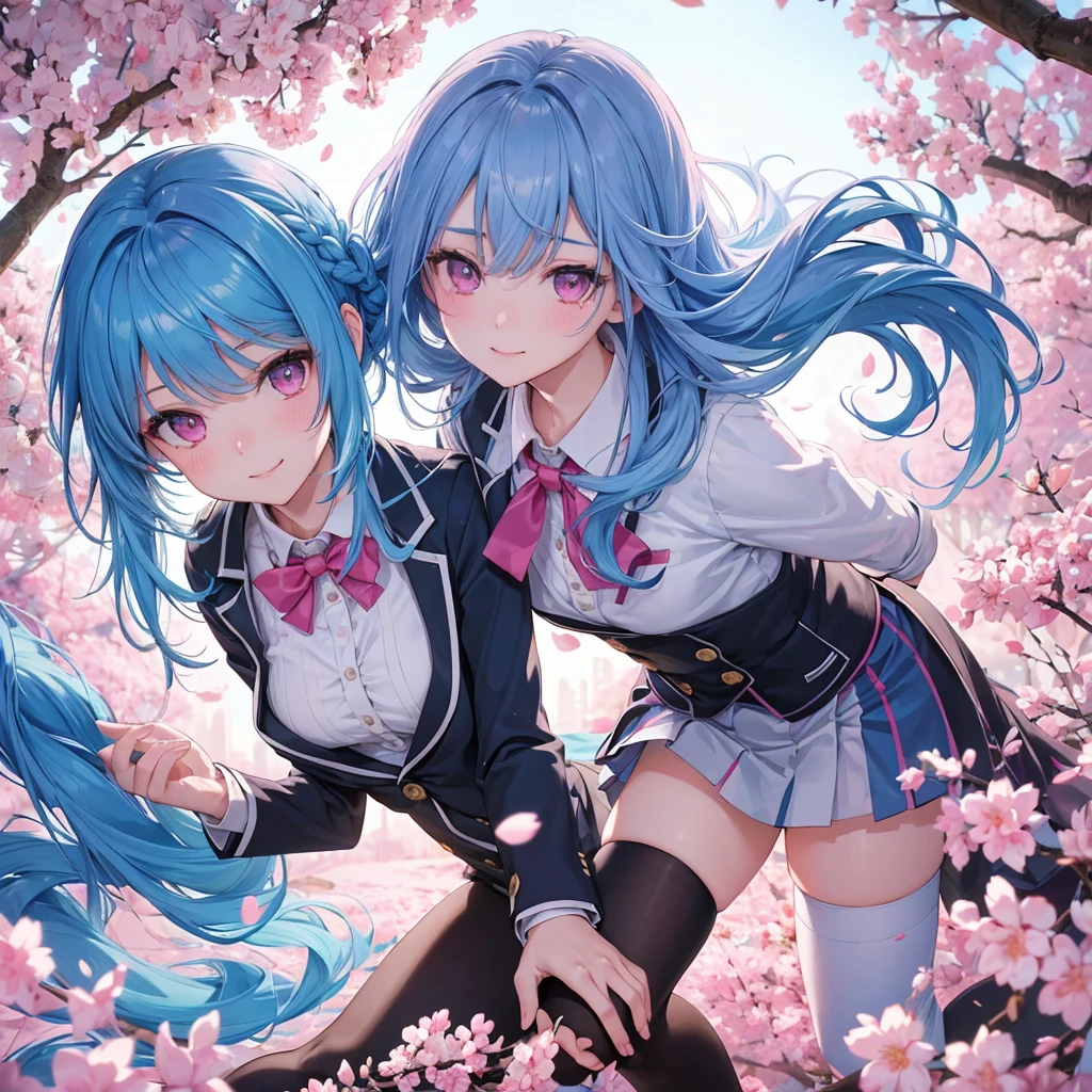 Sky blue hair, Braided Ponytail,(Pink Eyes),Fair skin ,whole body,(1 Girl),Smile,spring, cherry blossoms, Knee-high socks for school, blazer, Straight bangs,(masterpiece, Highest quality, Super detailed, Best Shadow), (Detailed Background), (Beautifully detailed face), High Contrast, (Best lighting, Very delicate and beautiful), ((Cinematic Light)), colorful, Hyper Detail, Dramatic Light, Intricate details,sunshine,Leaning forward,high quality,