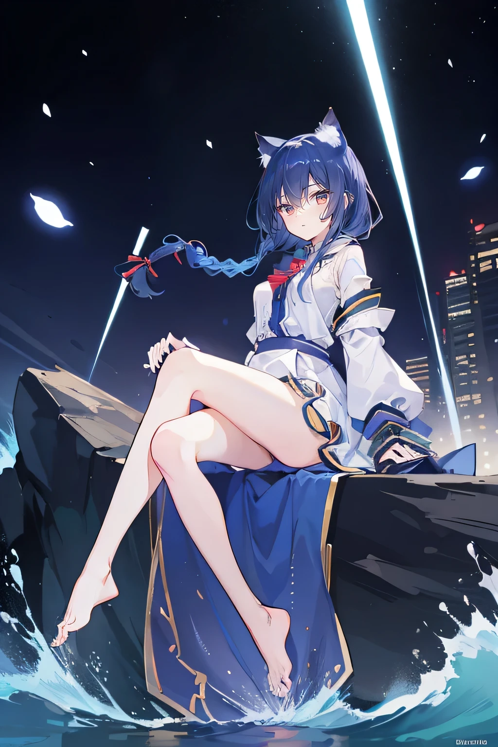 （masterpiece：1.2），Super detailed，lifelike，Expressive eyes，fair skin，perfect face shape，1 girl，
Japanese comics,Gorgeous blue hair,flowing blue hair,flowing clothes,Cat ears,Petals fall,beautiful lola,Baby Angel,sunrise,
Shaking head with one hand，Cross your legs，Gentle and peaceful background，The pavilion is cool and comfortable,smile, wearing hoodie, background of tokyo,back views,snowing, winter，seaside，wet clothes，A smile，A faint smile，。dark blue gradient hair,asymmetrical hair,（（Hair is very thick 1.8，Chiseled hair 1.6））， Hair over the shoulders, Messy hair, Very long hair, shiny hair，(long dark blue hair:1.2),A beautiful girl，（Transparent clothes transparent 1.8），Perfect body，Big thin legs，slender，(Looks very sad，Looks haggard ，sadness，shut your mouth：1.2） Against the backdrop of an unusually bright dark starry sky，（Put your hands behind your back），（round,Room, Strong breasts），barefoot，float，water surface，（long legs，long legs，long legs，Completefgo style,like \(destiny\), like Adult, hair length, underwear, masterpiece, Top quality, 1 Girl, looking at the audience,(((braid)))、shameful face、Embarrassed face、Long body、huge 、