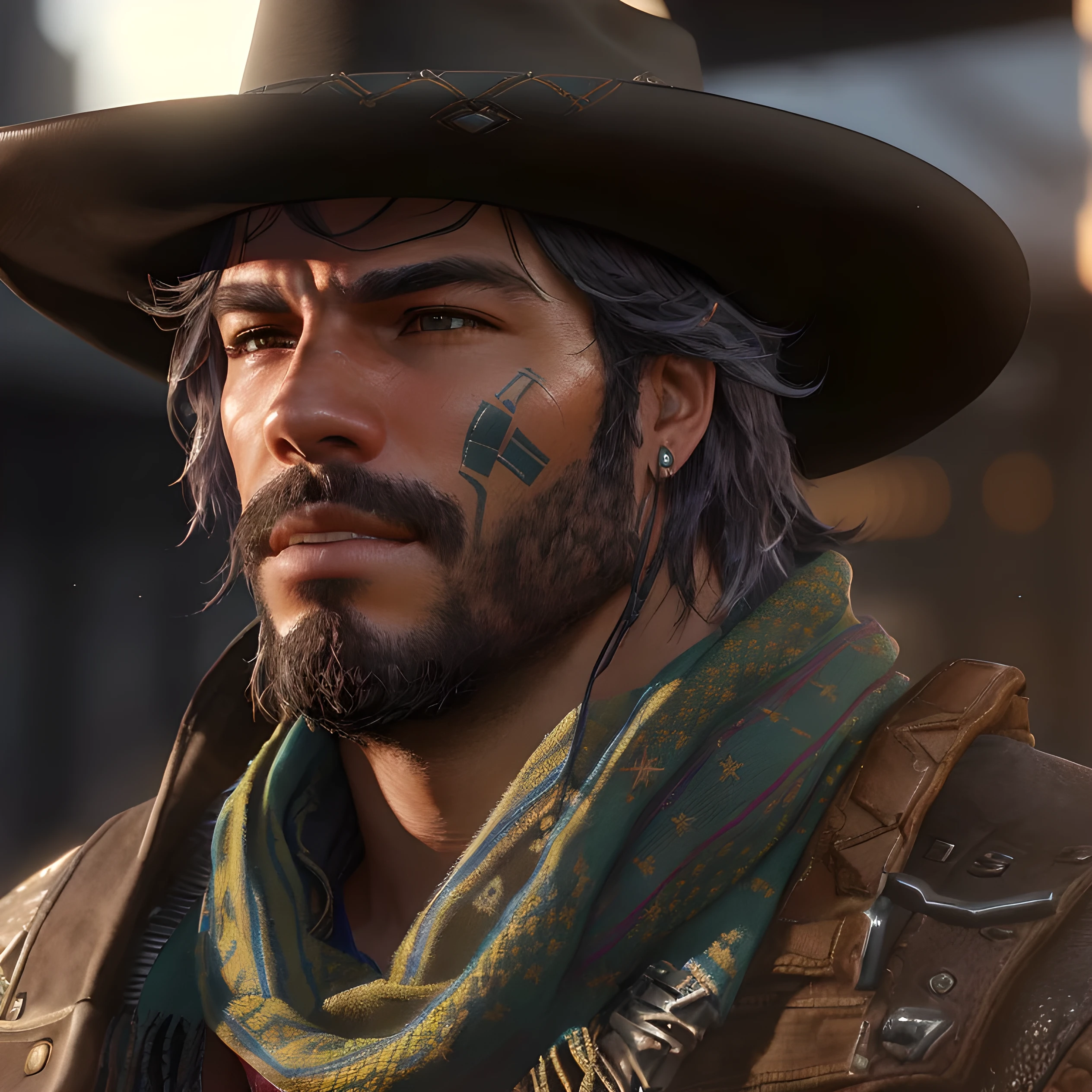 There is a 1man, solo, wearing a cowboy hat and scarf, O Cowboy no Estranho Oeste, cyberpunk oeste selvagem, Jessé McCree, cinematic close-up of bust, Cyber Ocidental, Criado em Unreal Engine 5, ps5 cinematic screen capture, non-Unreal Engine 5 rendering, space western, cinematic bust shot, retrato do cowboy, with cinematic lighting