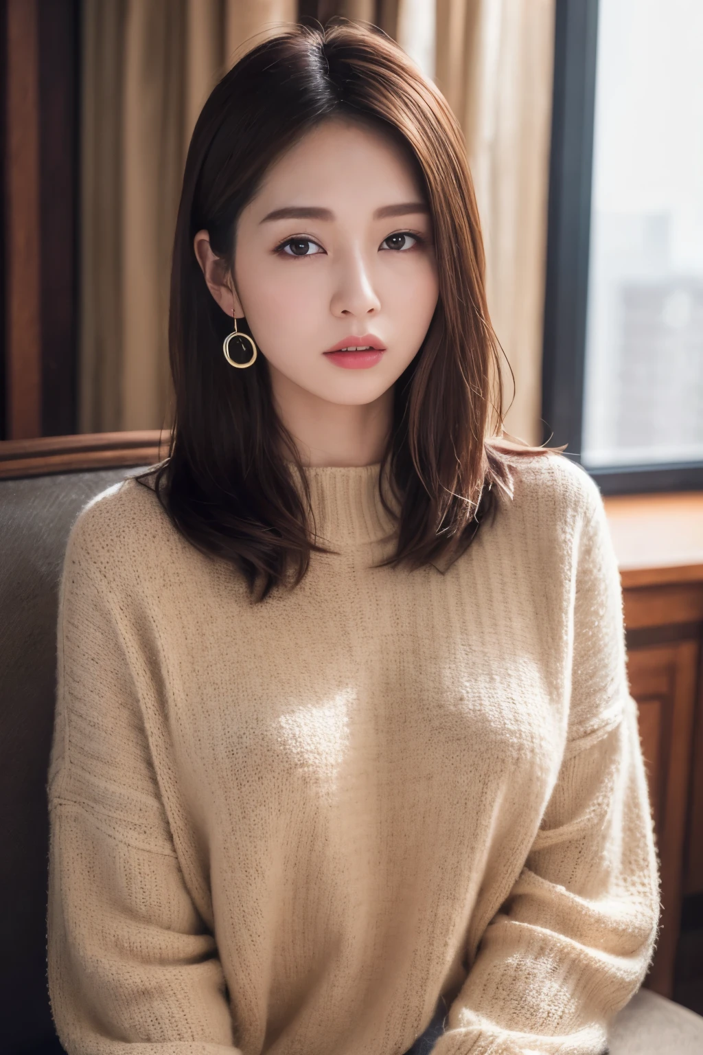 Very detailed CG Unity 8k 壁紙, Highest quality, Very detailed, masterpiece, Realistic, photo Realistic, (whole body:1.2), Very detailed cute girl, Age 25, , Sitting,Wearing only an oversized fluffy sweater, Earrings, (amount, Long Hair), Soft lighting, Wind, Shiny skin, View your viewers