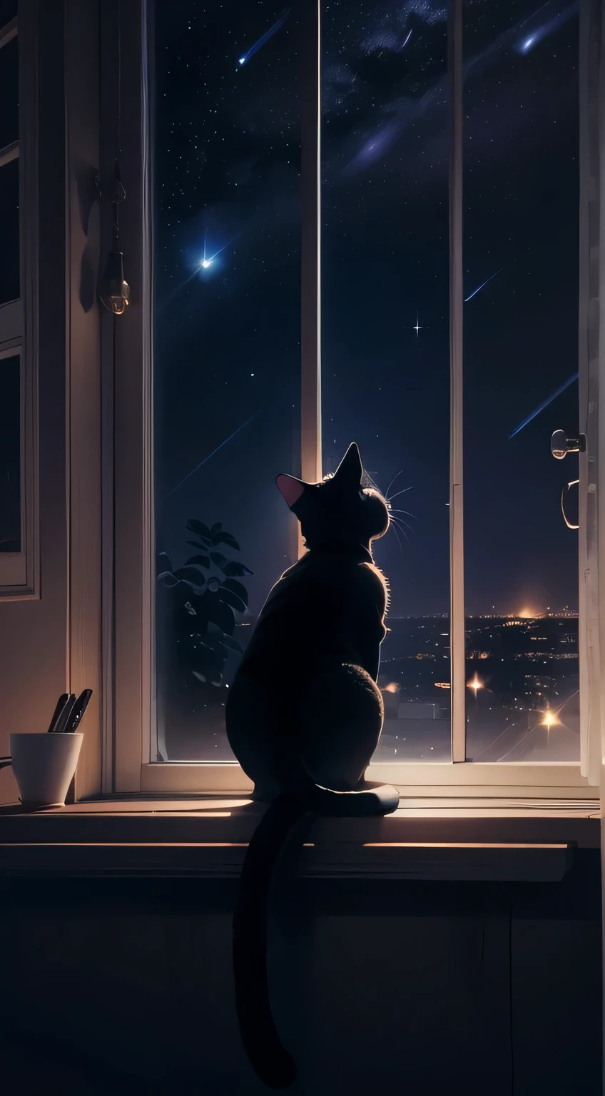 A small cat was crouching by the window., shooting star, Night Sky, Anime Style, Chiaroscuro, Cinema Lighting, Backlight, silhouette, From below, 8K, Super detailed, Accurate, Highest quality, Attention to detail