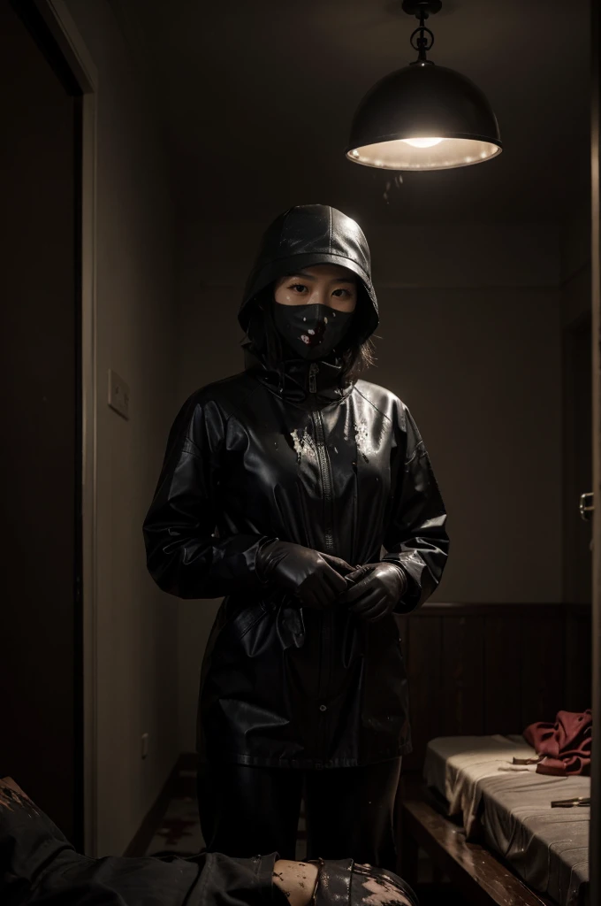 korean girl, (behind corpse, blood splatter), surgical mask, holding knife, stabbing, black raincoat, leather gloves, trucker hat, room full of blood, black wet suit, short hair, holding knife, leather gloves, behind corpse, night, mass murderer, robbery, in the hotel, dark atmosphere, cinematic lighting, atmospheric realistic,
