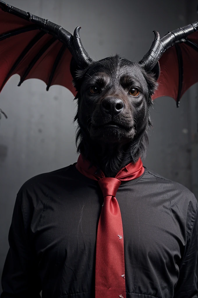 A black dragon wearing a plain red tie in a close-up angle and realistic style without wings