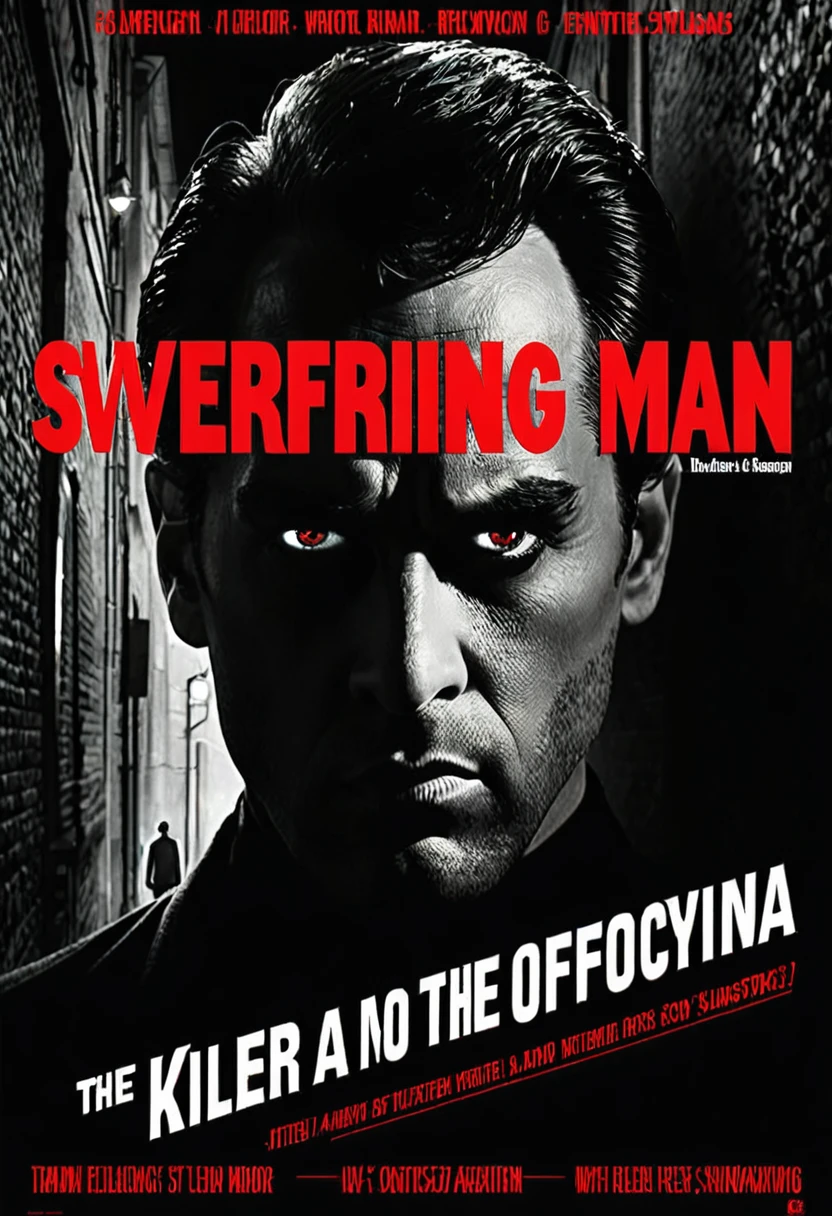 "Swearing"

**Poster Description:**
The background is dark and enigmatic, almost like a starless night. At the center, there is the figure of a MAN killer,with an athletic body, whose face is partially obscured by shadows and showing the same from the waist up, increasing the mystery around you. Dramatic lighting creates strong contrasts between light and shadow, highlighting only part of your face ,body and the penetrating eyes that seem to follow the viewer.

Above the killer MAN, in gothic and red letters, is the title "Swearing", evoking a feeling of suspense and nostalgia. Na parte inferior, in smaller letters, the credit "A horror film from the 60s" reinforces the retro style, but with a modern design touch.

in the bottom right corner, a subtle detail of a dark silhouette in a dark alley, hinting at imminent danger and the film&#39;s ominous atmosphere. The poster as a whole conveys a sense of mystery, shadows and intrigue, capturing the essence of 60s horror with an updated, impactful look.